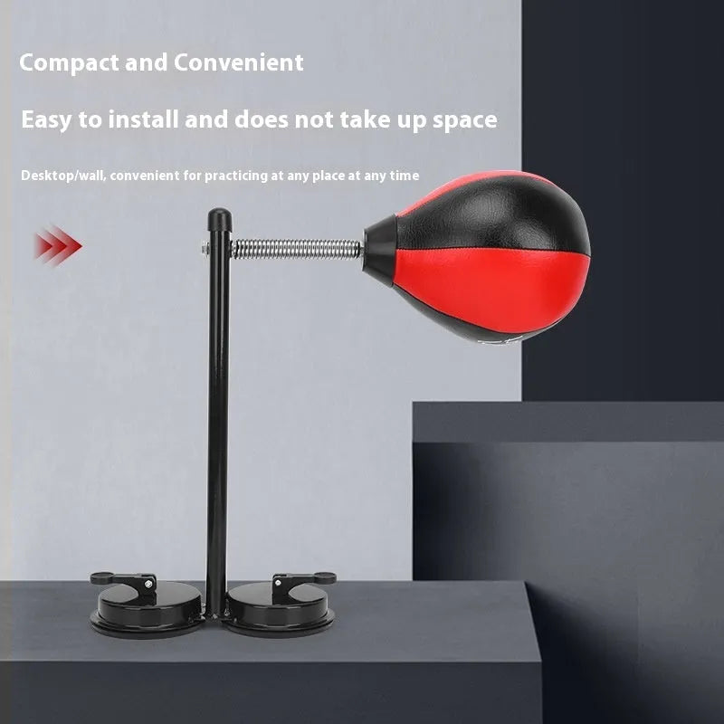 PU pear-shaped hanging boxing speed ball with elastic cord and red/black ball head, shown with pump and mounting accessories.