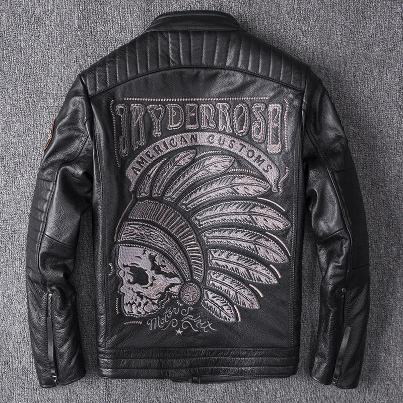 Men's black genuine leather stand collar motorcycle jacket with skull pattern