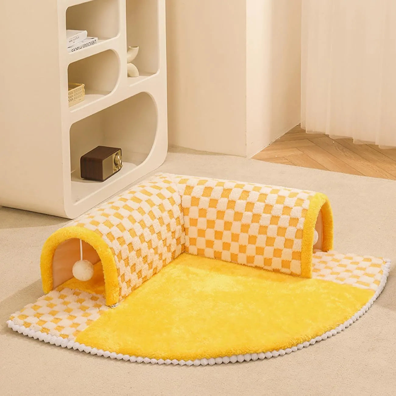 XL yellow plush pet bed with a connected tunnel and granular anti-slip base.