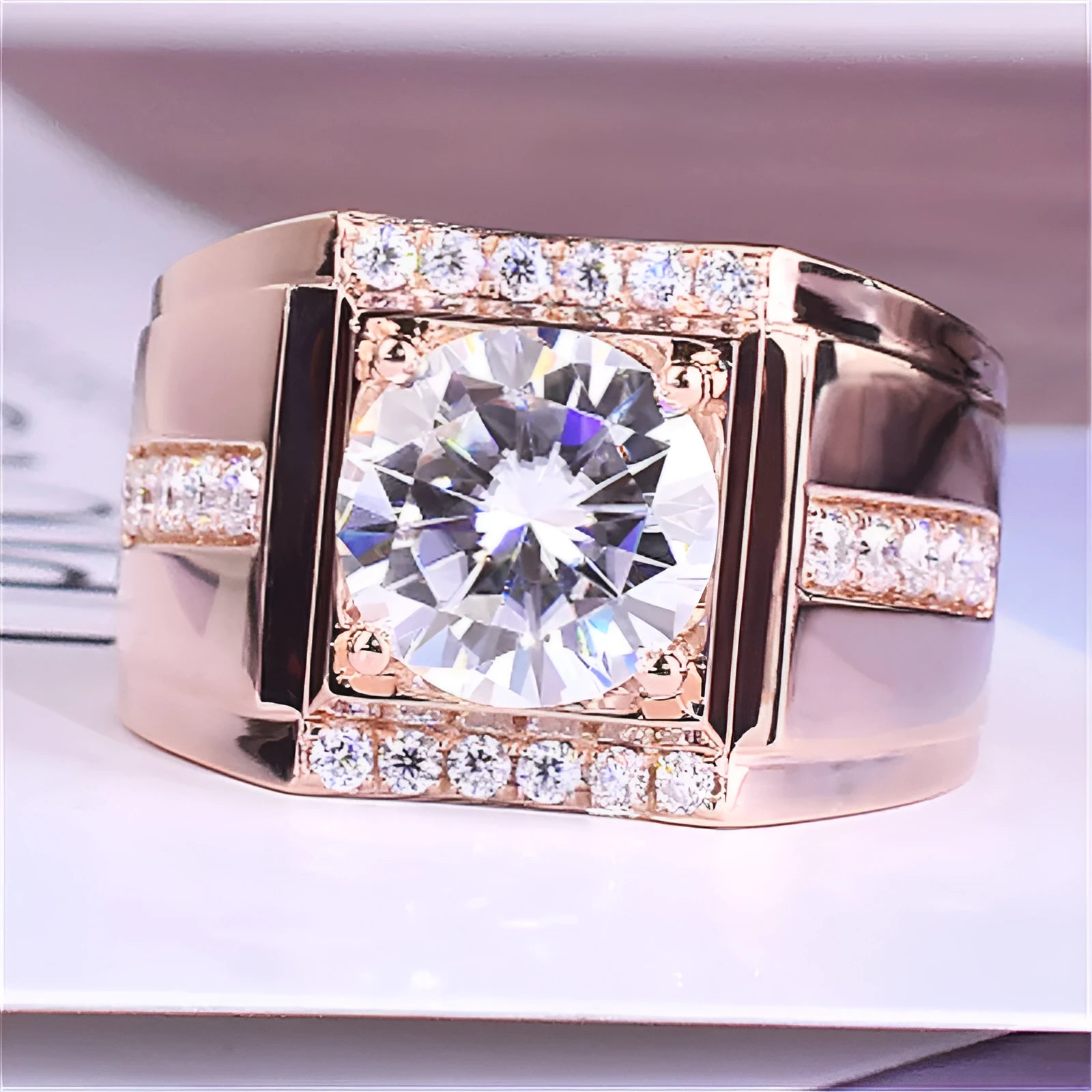 Men's geometric diamond zircon ring with adjustable open mouth in rose gold finish.