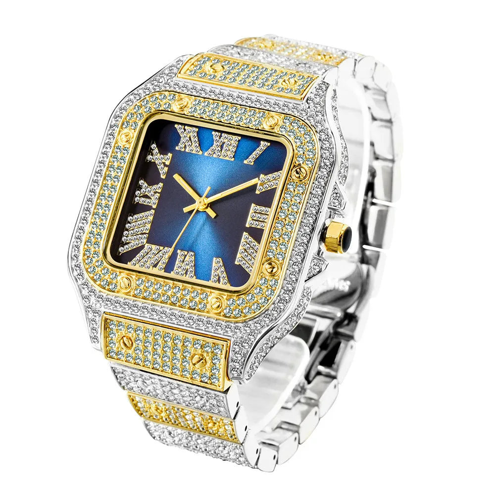 Fashion hip hop square men's watch with diamond detailing alloy strap silver white dial