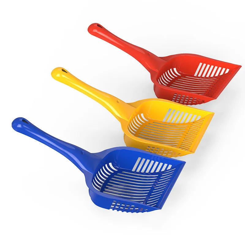Plastic cat litter scoop in blue, red, or yellow colours showing small and medium size options