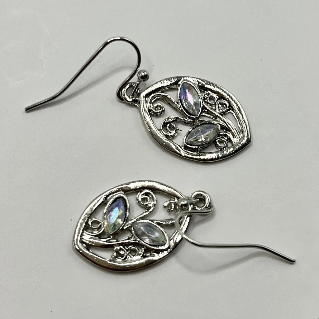 Silver leaf-shaped drop earrings with colourful moonstone centrepieces for women