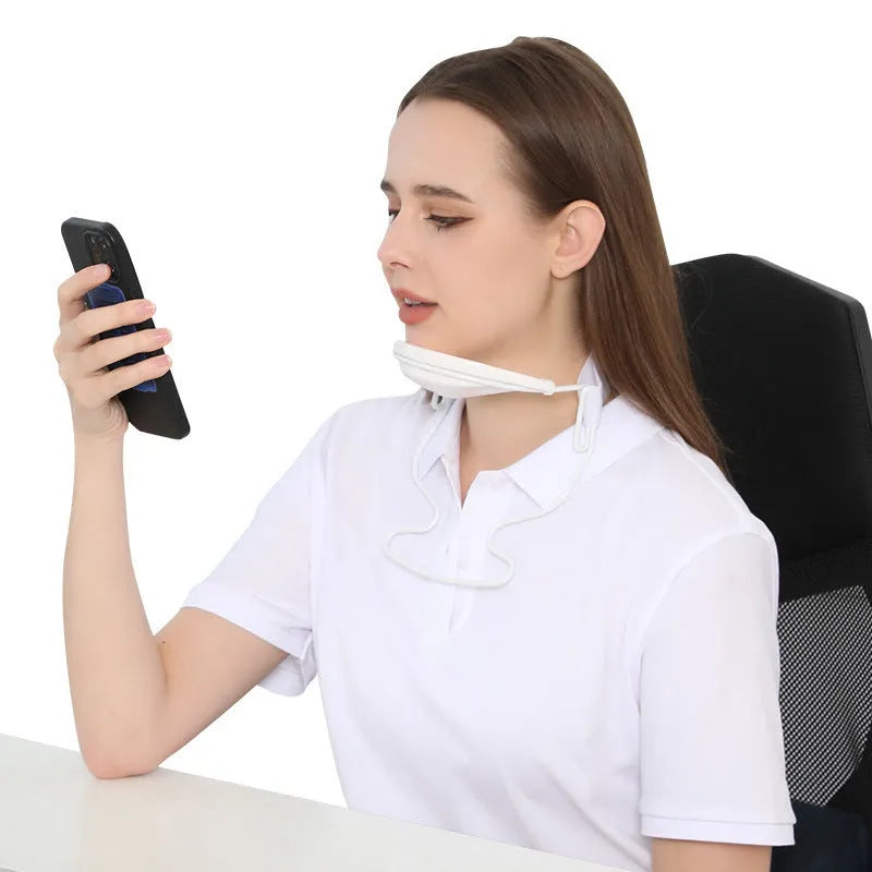 White adjustable neck support brace for cervical spine and shoulder posture correction.