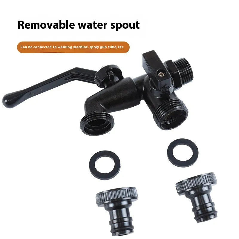 Double water outlet zinc alloy garden tap nozzle, 1/2 inch, black plated finish, in black, red, yellow, blue, or green
