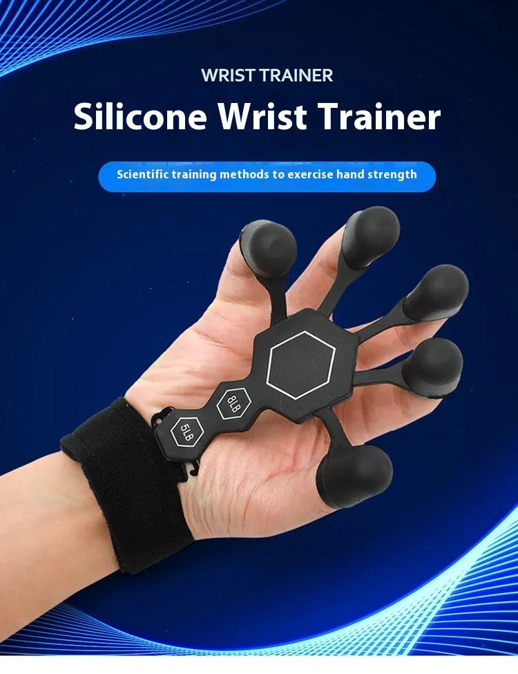 Grey silicone hand trainer brace with 5-finger design for adult rehabilitation and strength training