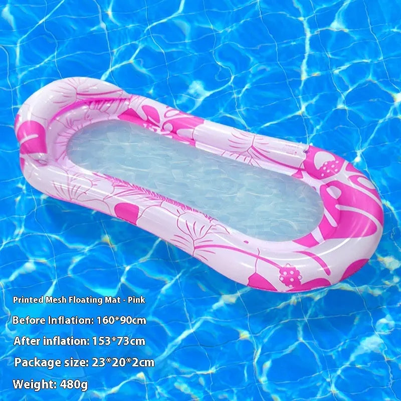 PVC inflatable floating row pool lounger in a mesh deck chair design with bright gradient colour wave.