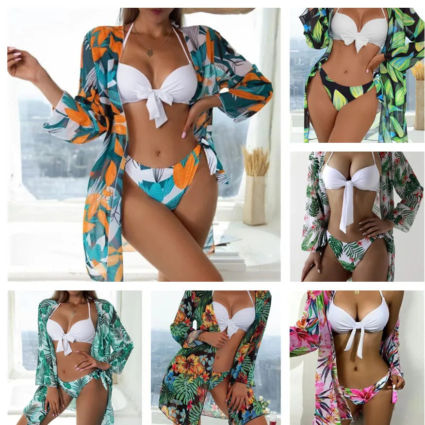 Women's three-piece mesh bikini swimsuit set with a cover-up coat in quick-dry polyester.