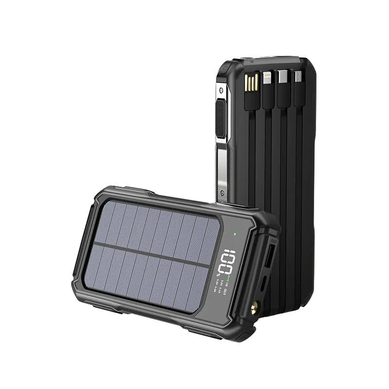 Black military-grade mobile power bank showing size next to a smartphone for scale.