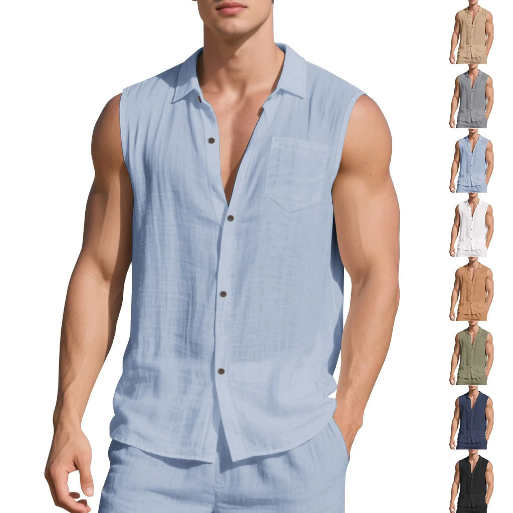 Men's solid colour linen cardigan vest with a polo collar, shown in a loose fit.