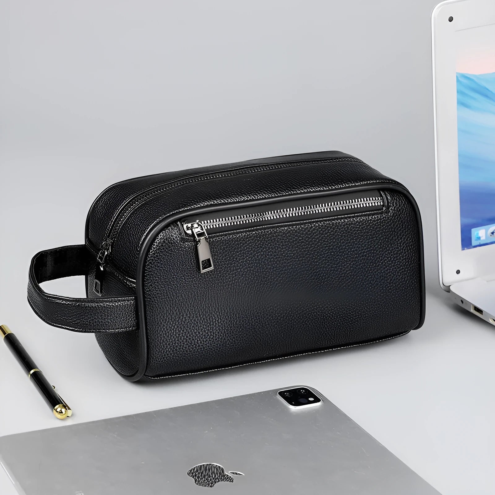 Men's solid colour business clutch bag in soft PU leather with visible sewing thread detail