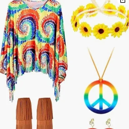 Colourful tie dye cloak costume with bell sleeves on a mannequin, showing pink and rainbow print on black spandex