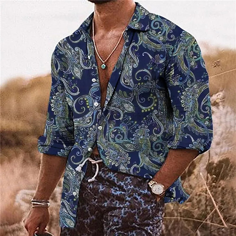 Man wearing a loose-fit long sleeve shirt with a detailed 3D floral print in a bohemian style.