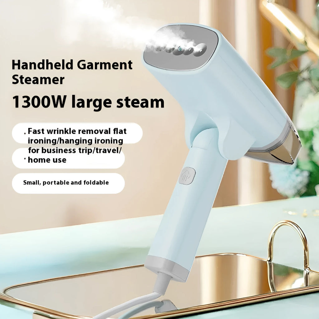 Blue handheld garment steamer with water tank and temperature controls