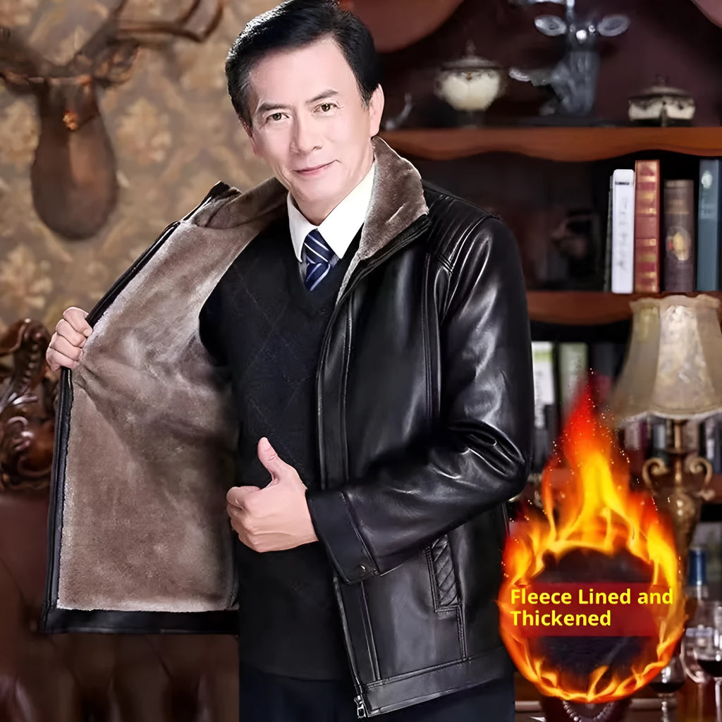 Men's fur-lined artificial leather jacket in black, slim fit, side seam pockets, winter casual wear
