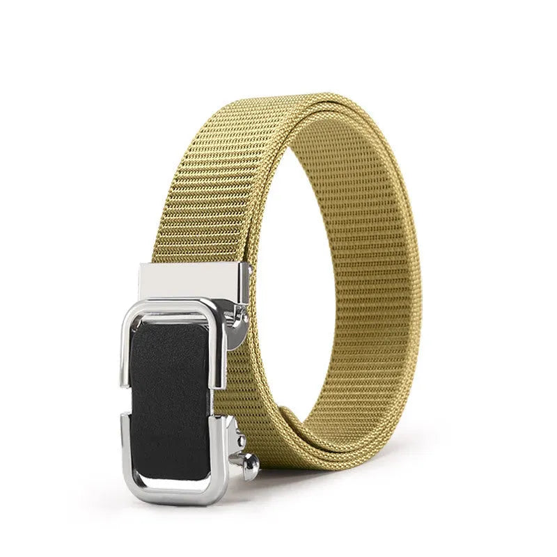 Men's toothless nylon canvas belt with alloy buckle showing adjustment mechanism