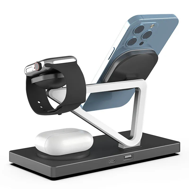 A compact white five-in-one wireless charging station with a magnetic phone bracket, watch charger, and night light.