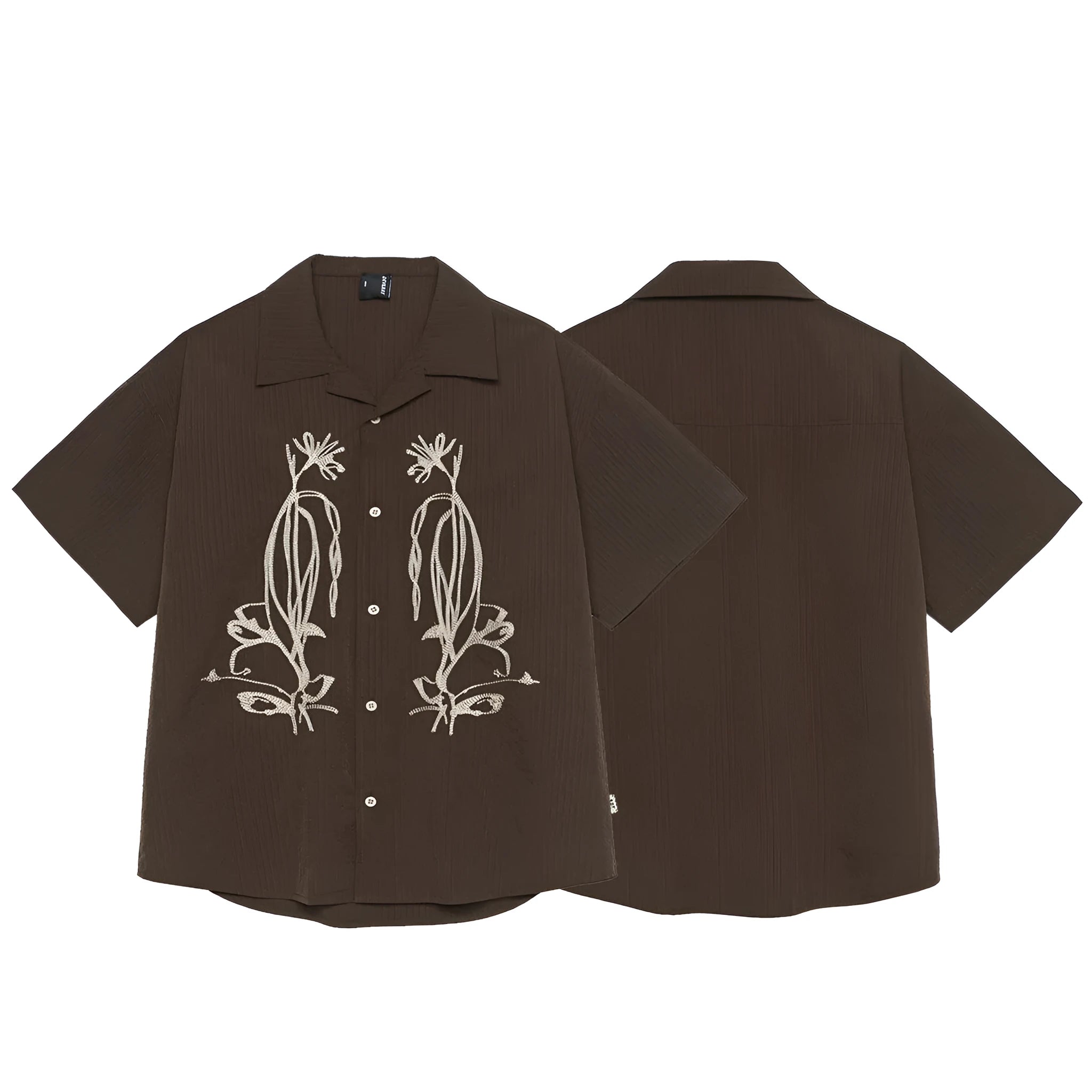 Brown striped men's short sleeve outdoor shirt with Cuban collar on a hanger