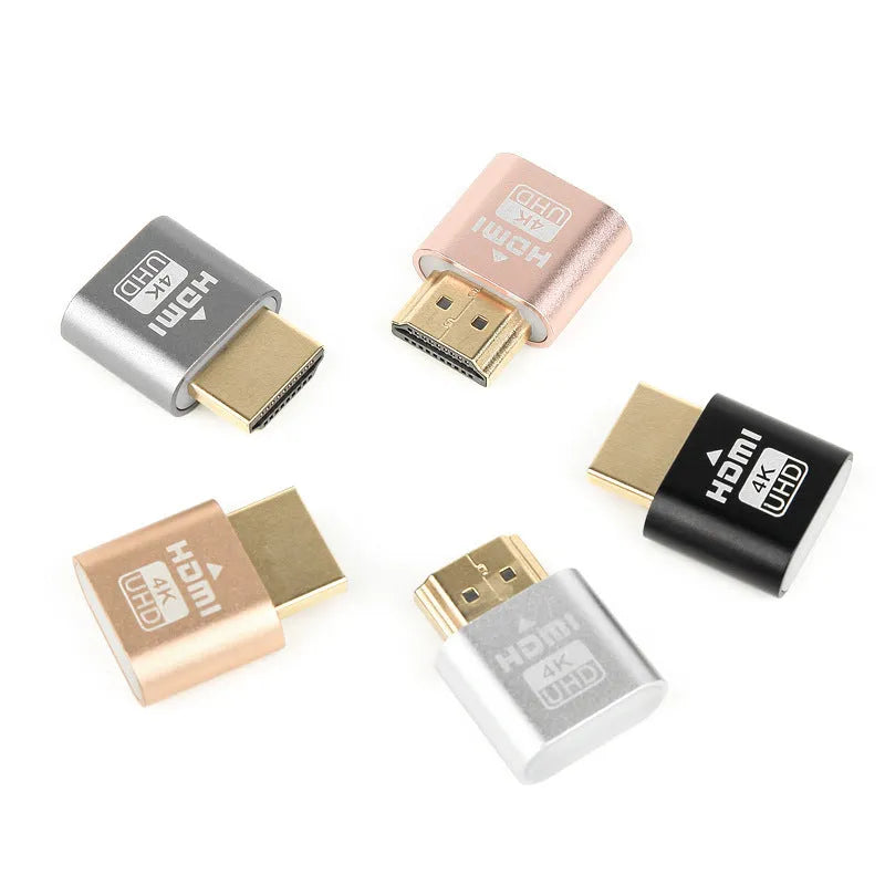 Compact 26.5mm long HDMI dummy plug in gold finish for virtual display on graphics card.