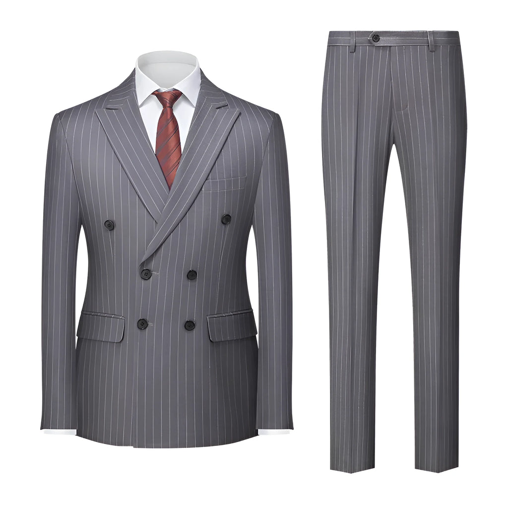 Men's striped suit double-row two-button trousers suit in slim fit, available in six colours including light gray and dark gray