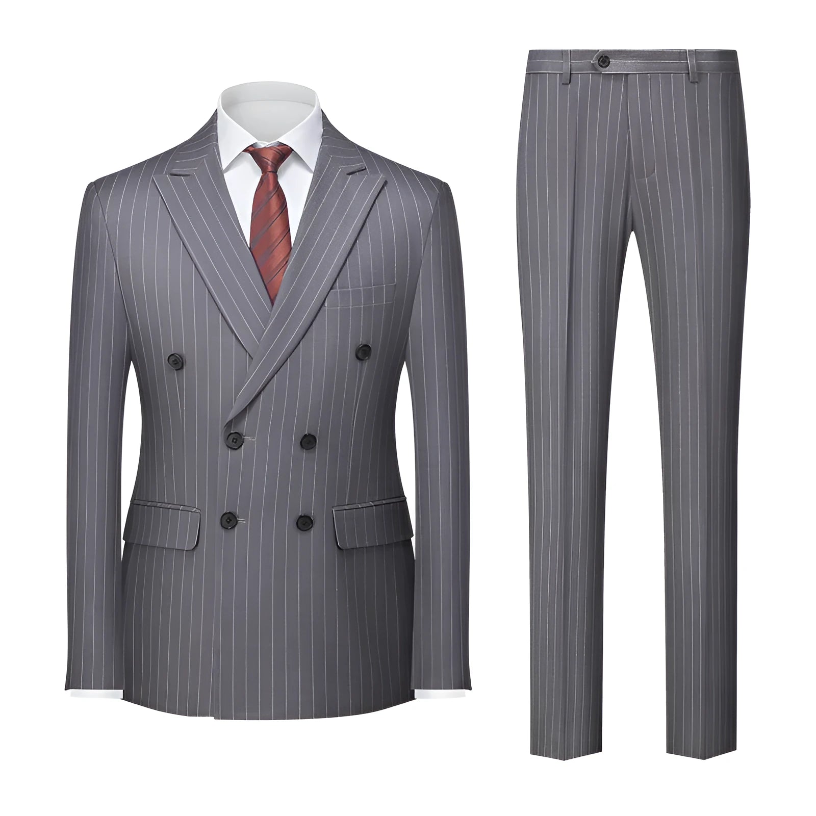 Men's striped suit double-row two-button trousers suit in slim fit, available in six colours including light gray and dark gray