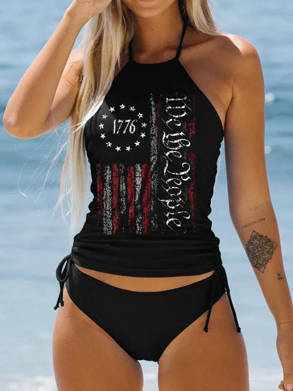 3D printed split swimsuit suit for women in brief style, sleeveless, nylon fabric, available in multiple colours