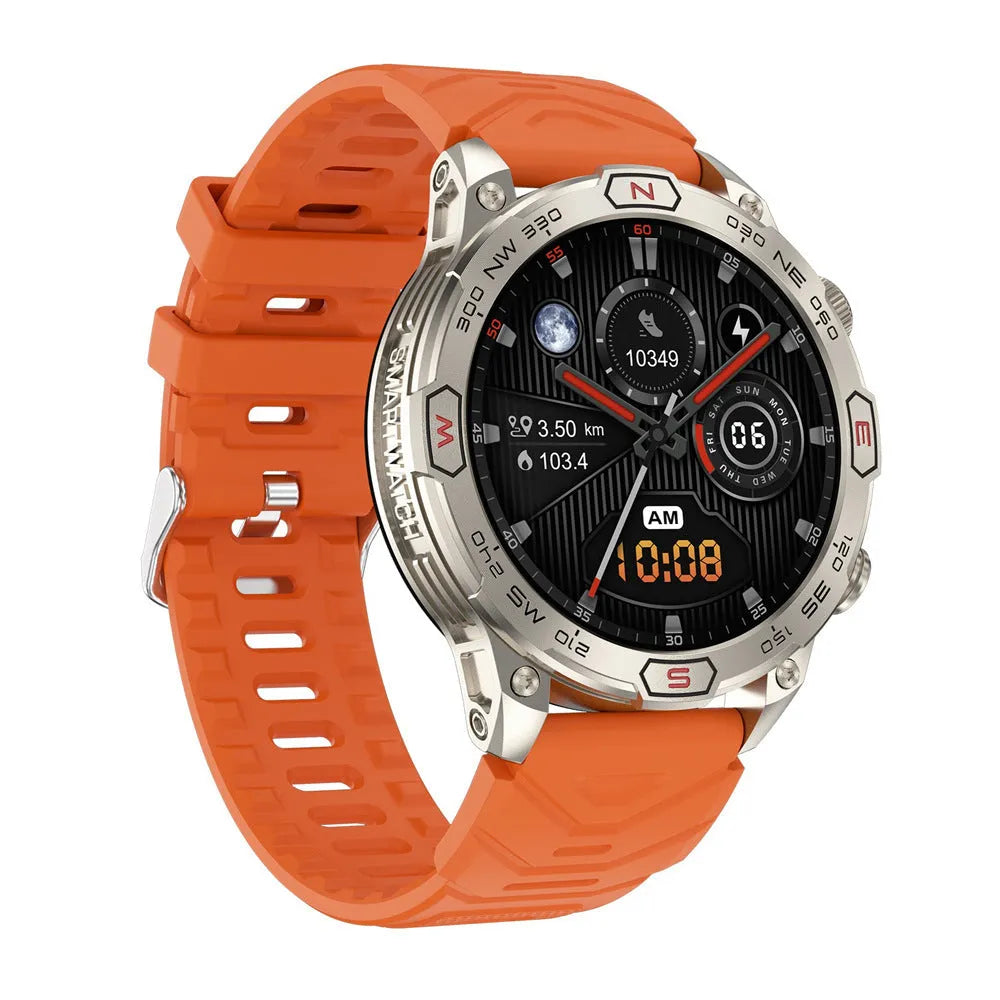 Sports smartwatch with AMOLED display in black orange camo colours showing fitness tracking features