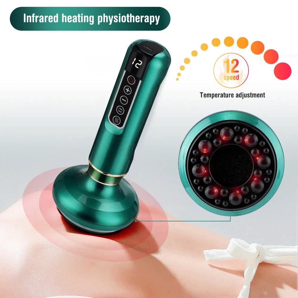 Green electric vacuum cupping massager device with USB cable on a white background