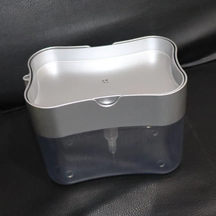Grey and silver plastic kitchen countertop soap dispenser with pump