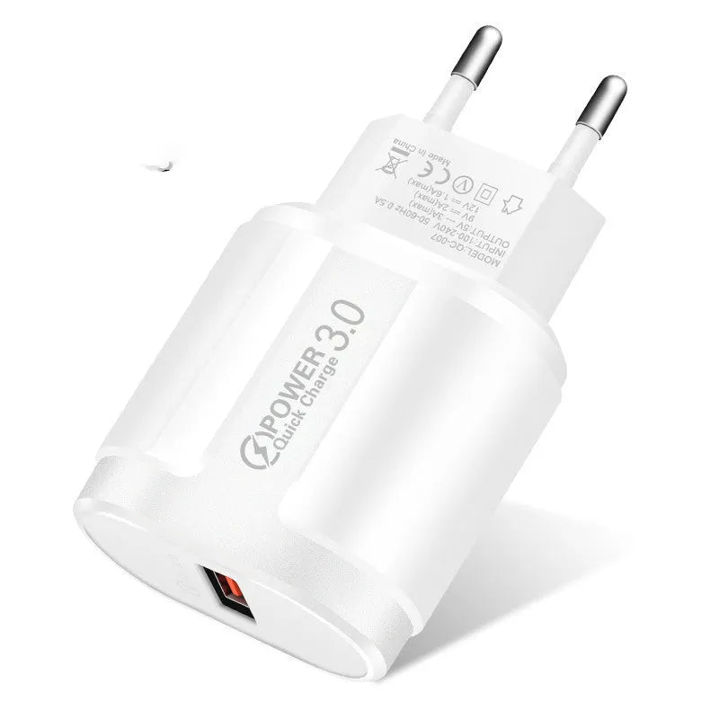Compact international smart charger for mobile phones with EU UK US plug options in black or white