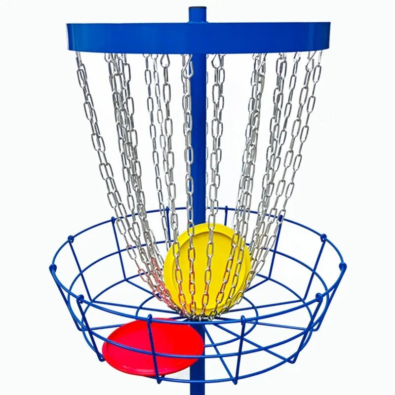 Golf chain rack blocking net with iron frame and 24 chains on grass outdoors