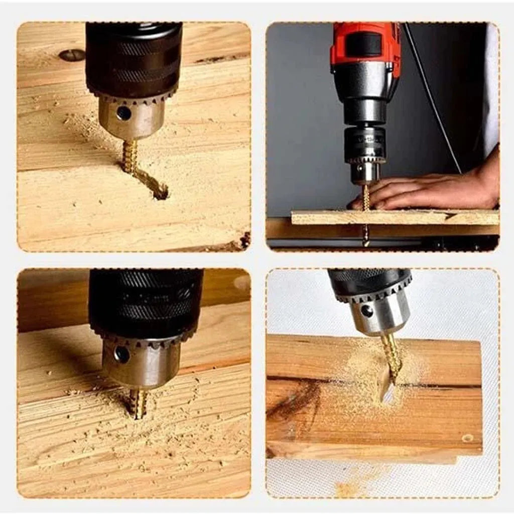Six HSS woodworking drill bits in diameters 3mm to 8mm laid out on a wooden surface