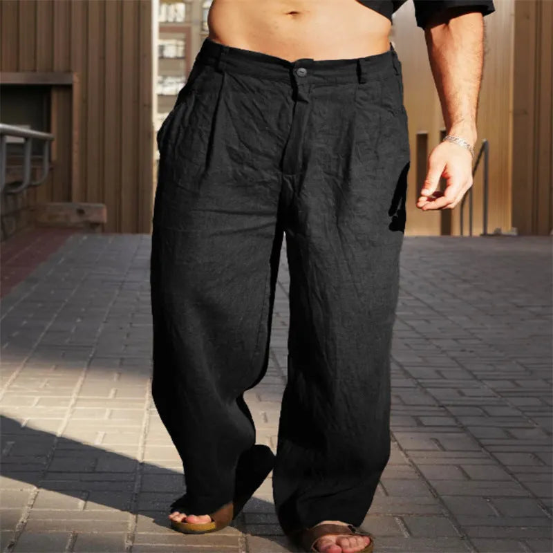 Men's linen cotton mid-waist pleated wide-leg trousers in khaki, front view