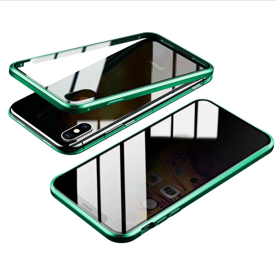 Closed black clamshell privacy case for iPhone showing front screen and sliding camera cover tabs.
