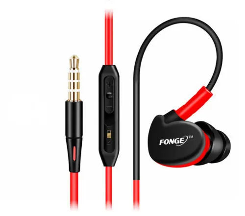 Ear-hook wired sports headset with microphone and 3.5mm plug, black colour, on white background