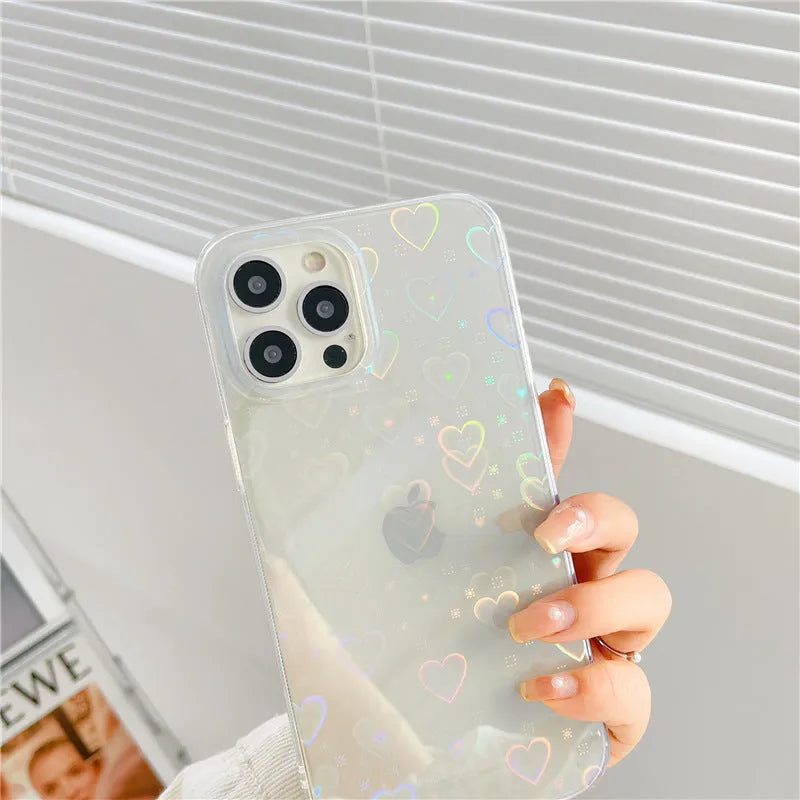 Transparent silicone iPhone case with laser-engraved colourful love motifs and butterfly decoration options
