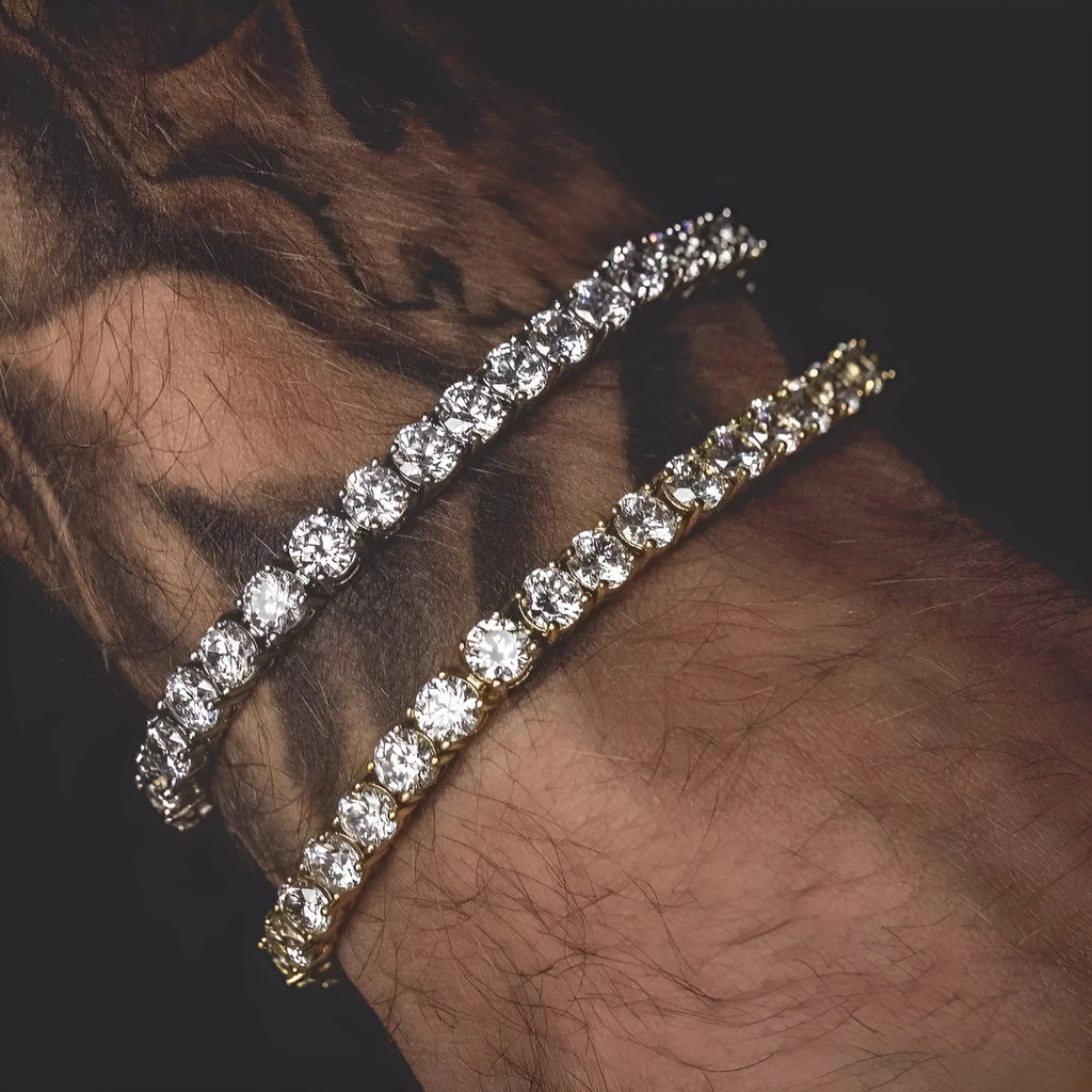 Men's geometric alloy bracelet with single row rhinestones and tennis charm in five colour options