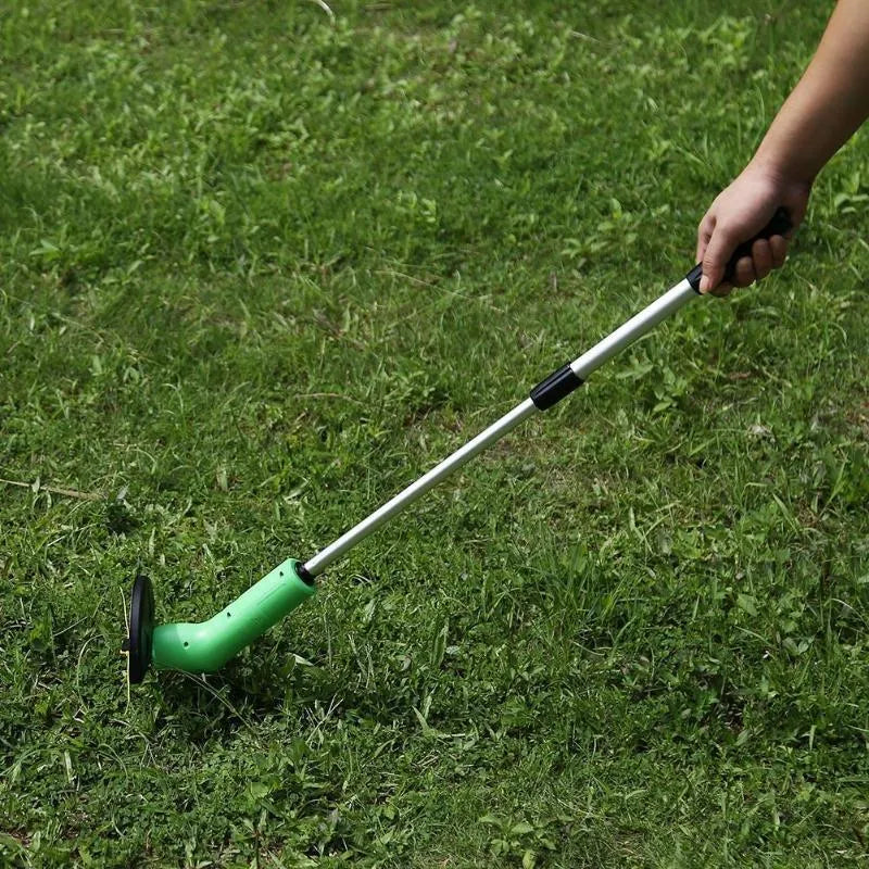 Cordless lawn trimmer with extension pole and protective debris shield for garden maintenance