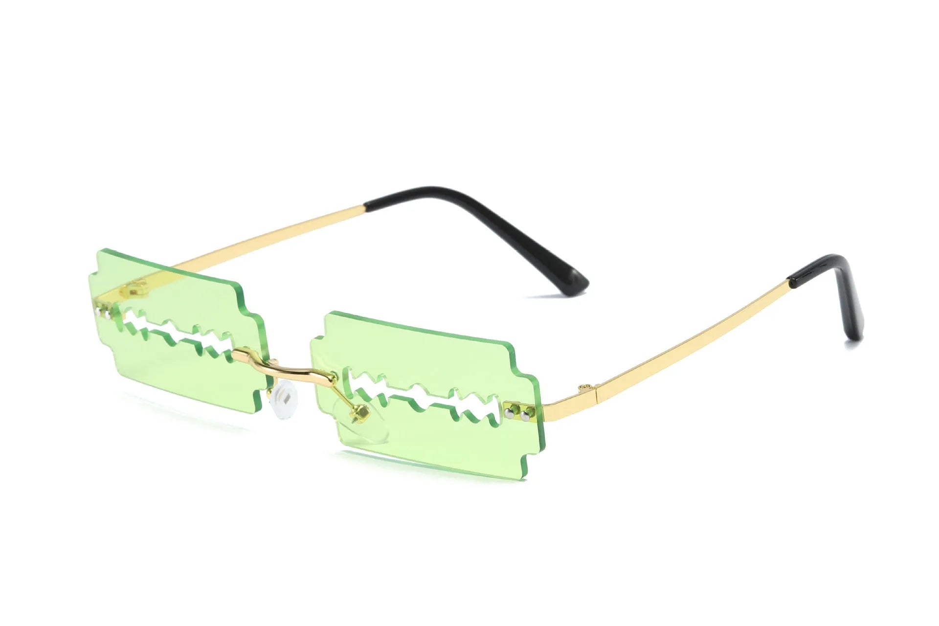 Gold metal rimless sunglasses with UV400 PC lens on a white background