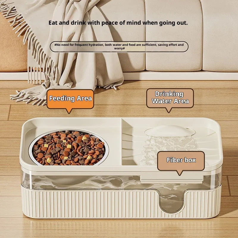 Automatic cat water fountain in cream colour with stainless steel drinking area and PP body