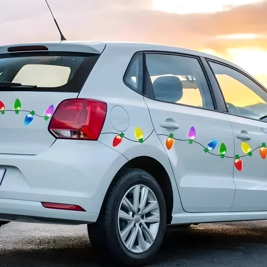Christmas magnetic reflective bulb set with 24 bulb shapes and 12 wire elements on metal surface