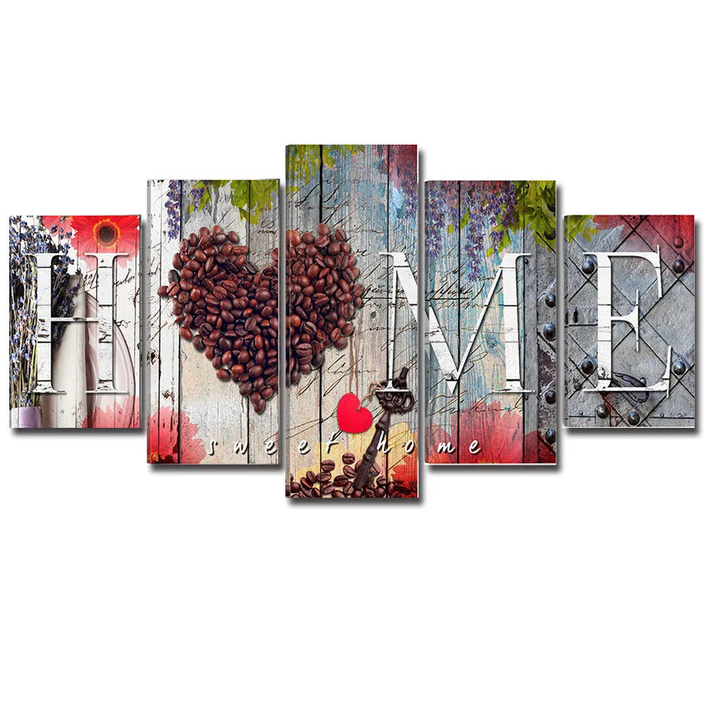 Red oil painting style wall panels in graduated sizes for coordinated home decoration
