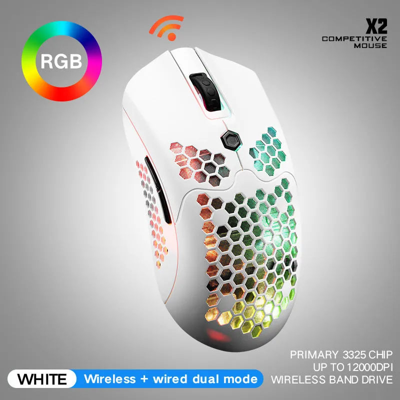 Free Wolf X2 wireless gaming mouse in black on a mouse mat, showing RGB lighting and side thumb buttons.