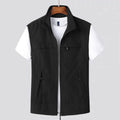 Men's striped waterproof casual vest with hood and multiple patch pockets in khaki colour