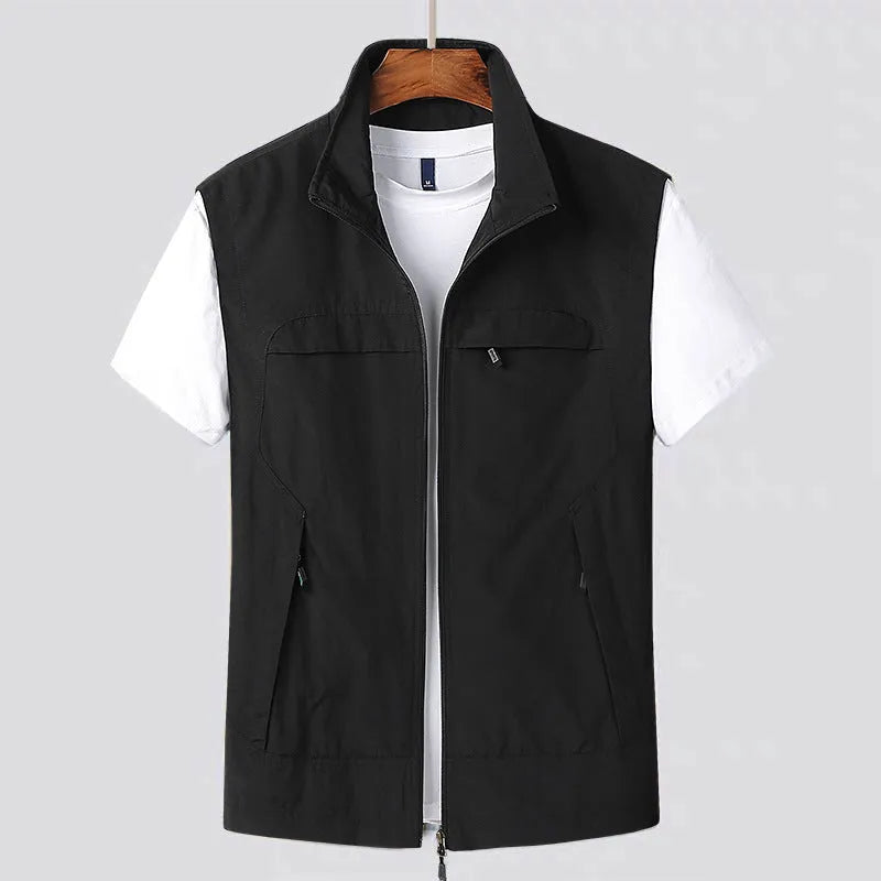 Men's striped waterproof casual vest with hood and multiple patch pockets in khaki colour