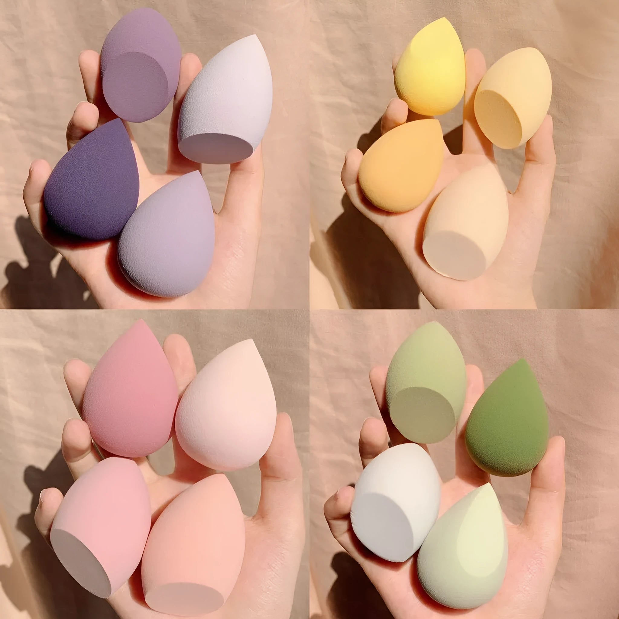 Set of four coloured makeup egg sponges in grape, mango, mint, and peach
