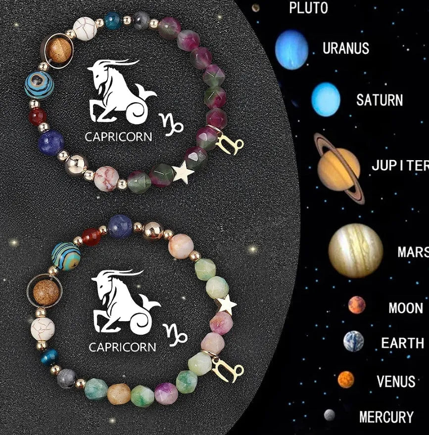 Two natural stone beaded bracelets with zodiac sign charms, showing the set of twelve astrological styles.