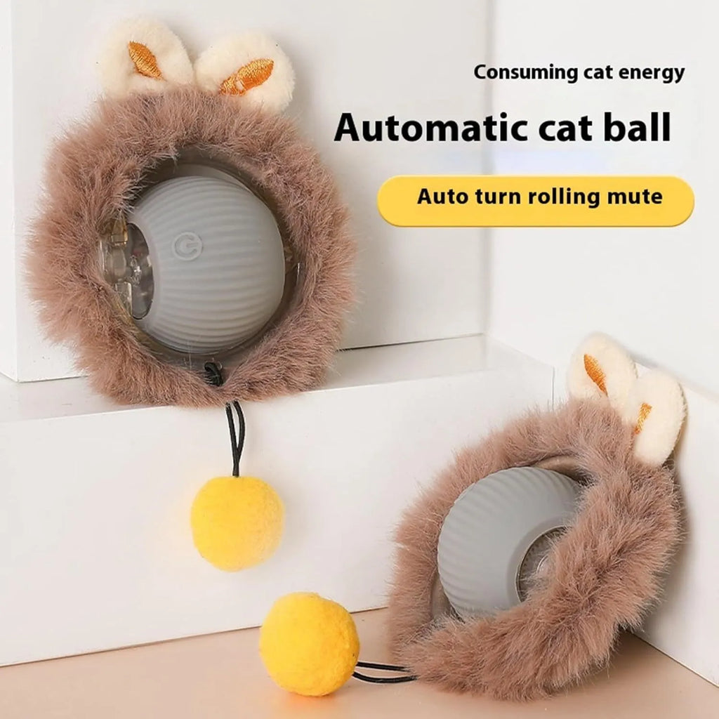 Automatic rolling ball pet toy in grey, green or red colours with attached string for interactive play