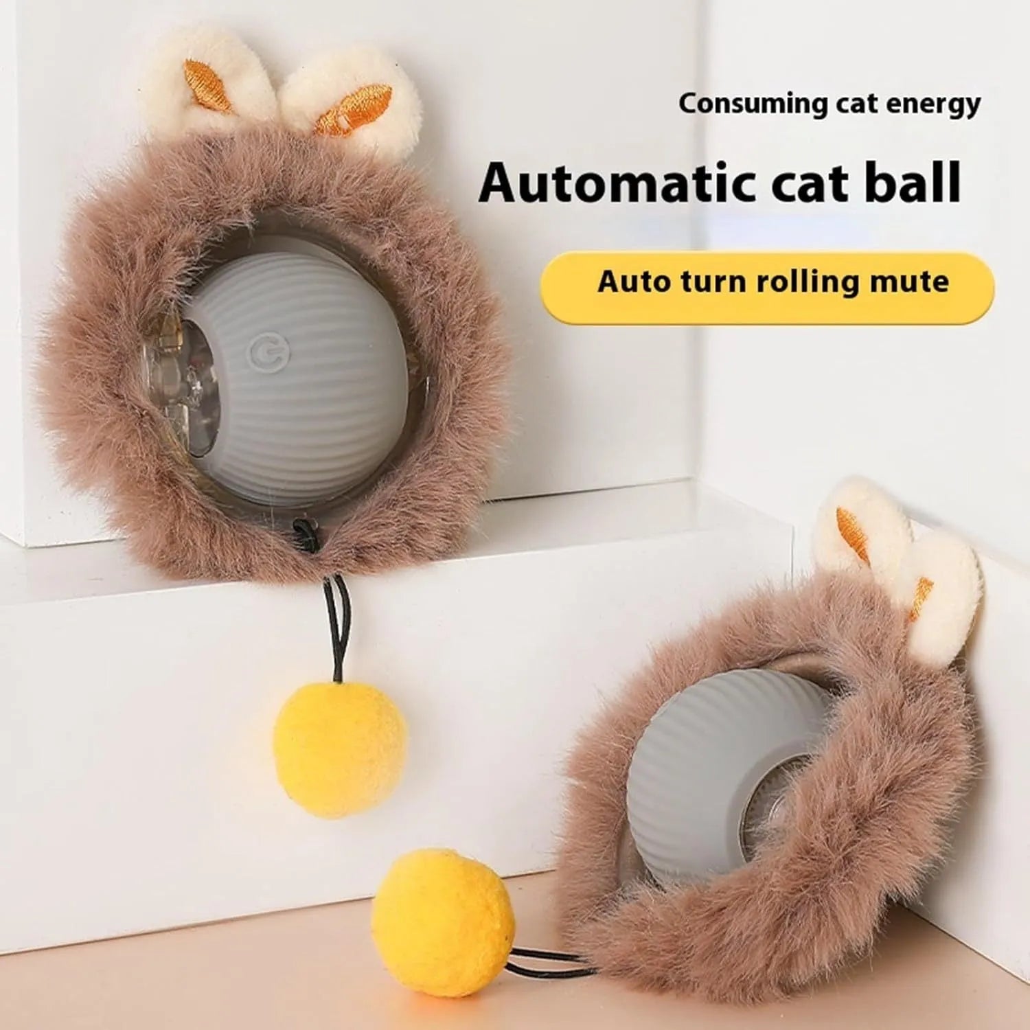 Automatic rolling ball pet toy in grey, green or red colours with attached string for interactive play