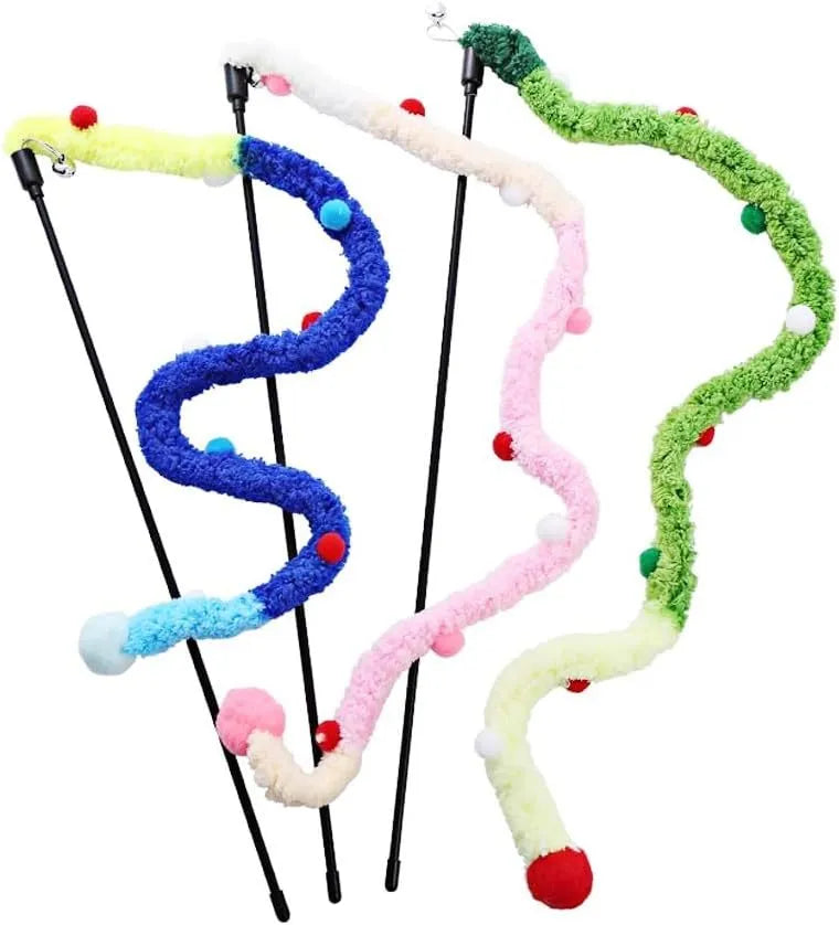 Blue green or pink cat wand toy with plush strip and bell for interactive indoor play